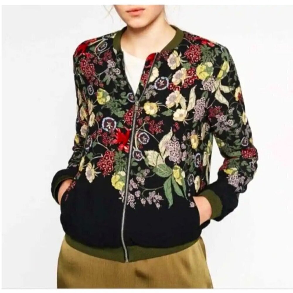 Zara TRF Outerwear Floral Bomber Jacket Full Zip Size S relaxed chic pockets EUC